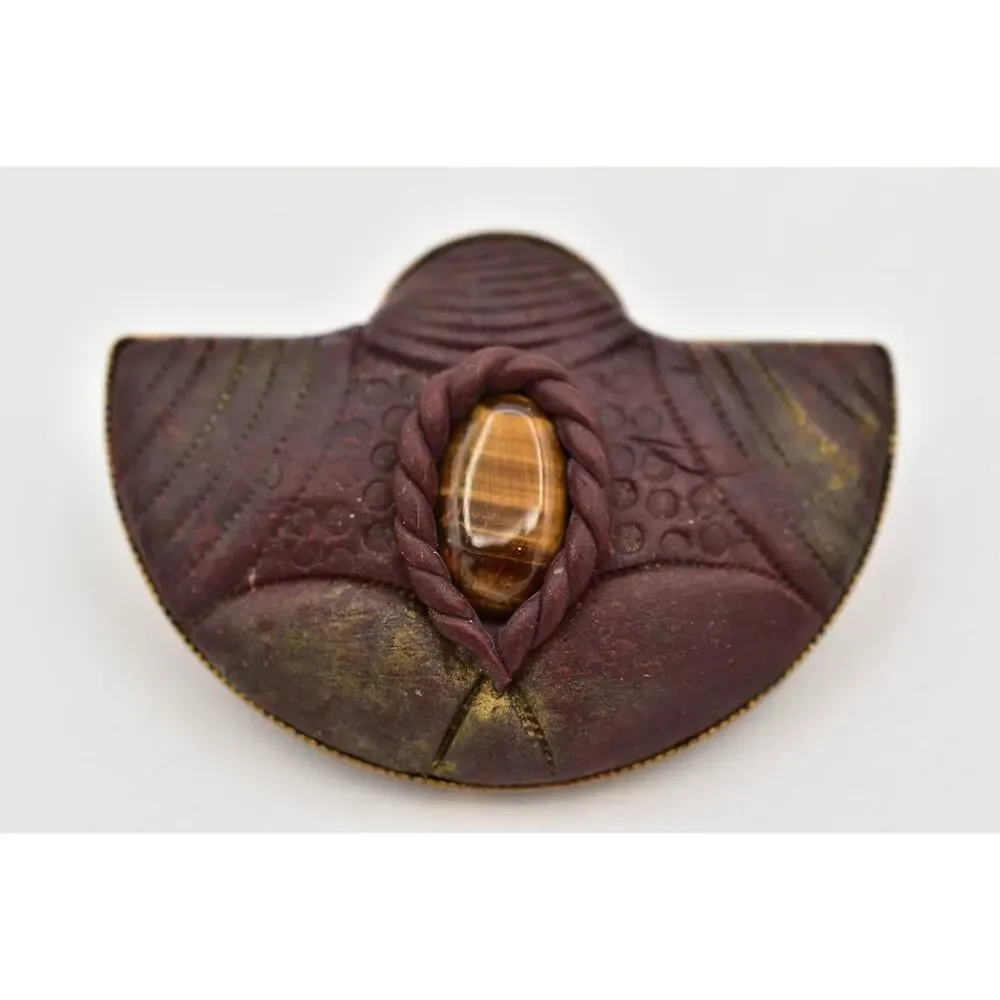Vintage Tiger's Eye Cabochon Pin Brooch Brutalist Gold Tone Chunky 1970s 9B